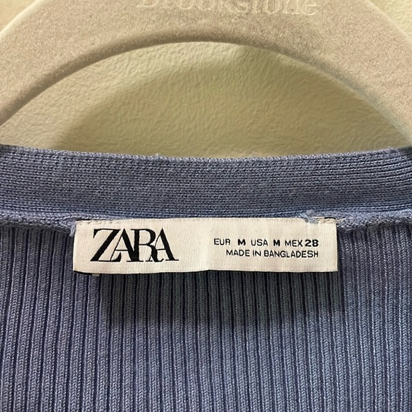 Zara Cropped Knit Top Crop Cardigan V-Neck Button-Up Ribbed Short Blue Sweater M - Picture 5 of 5